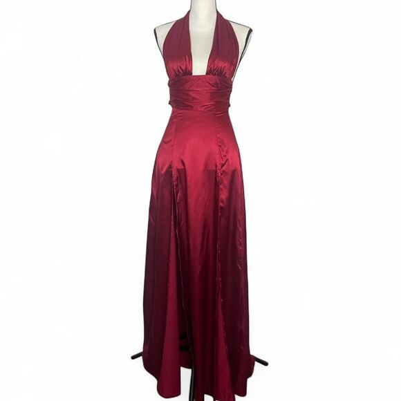 Lucy In The Sky Red Satin Maxi Halter Dress Tie Waist Split Leg Size XS - Picture 1 of 6